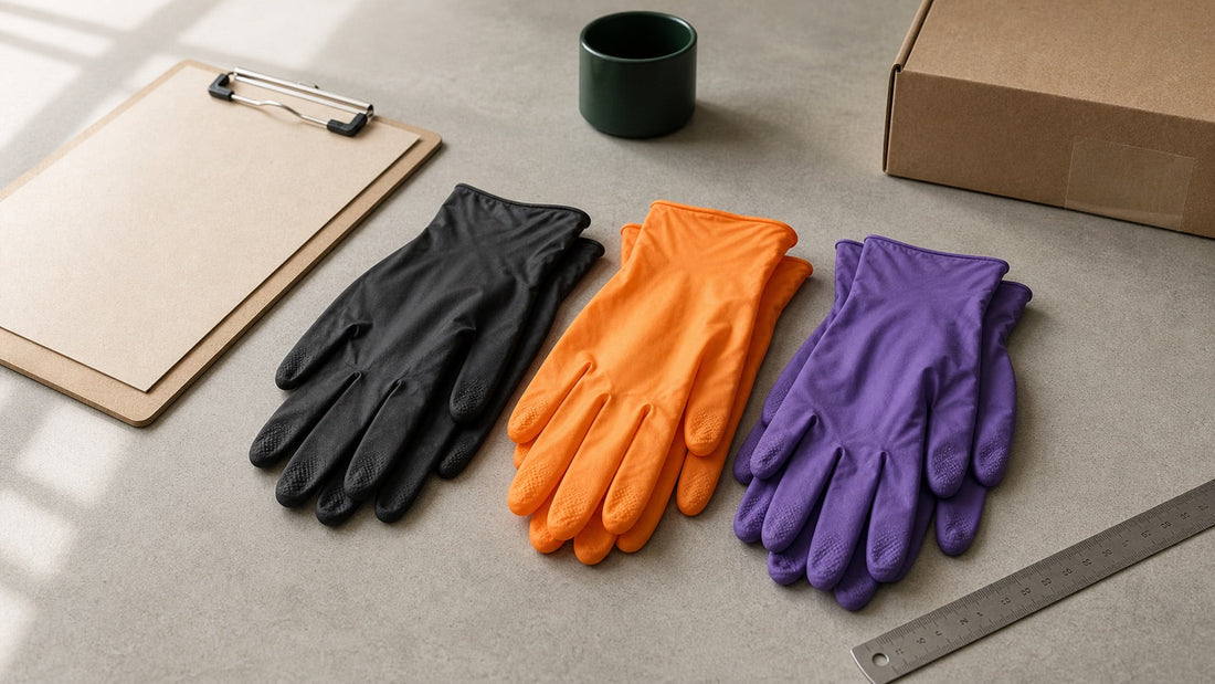 Black, orange and purple nitrile gloves arranged for a business buying comparison