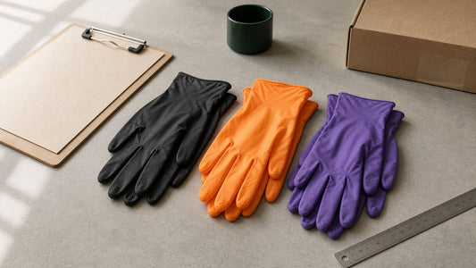 Black, orange and purple nitrile gloves arranged for a business buying comparison