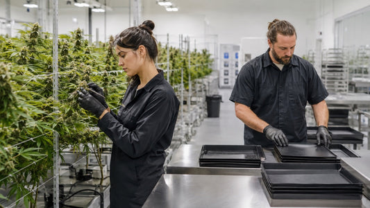 Cannabis cultivation and post-harvest work zones shown as a clean commercial workflow
