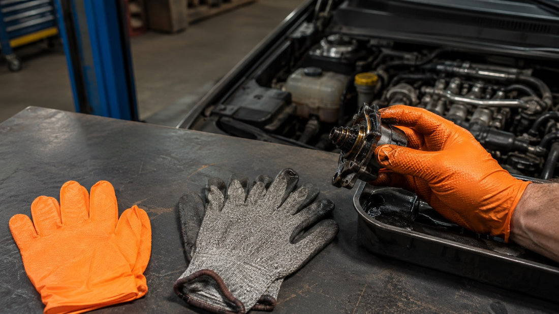 Orange textured disposable gloves compared with reusable mechanic gloves beside an engine bay
