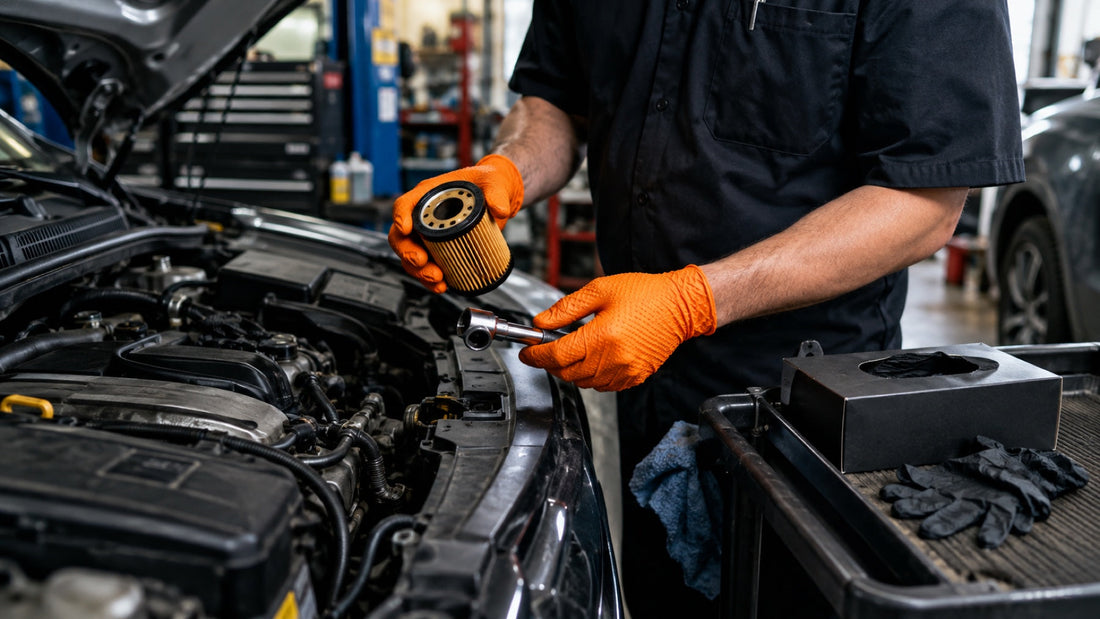 Automotive technician in orange disposable nitrile gloves holding an oil filter beside an engine bay