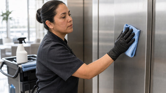 Commercial cleaning worker wearing disposable nitrile gloves while wiping a facility surface
