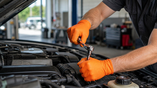 Automotive technician wearing disposable nitrile gloves while servicing a vehicle