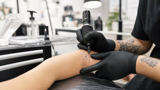 Tattoo artist wearing black disposable nitrile gloves at a prepared studio workstation