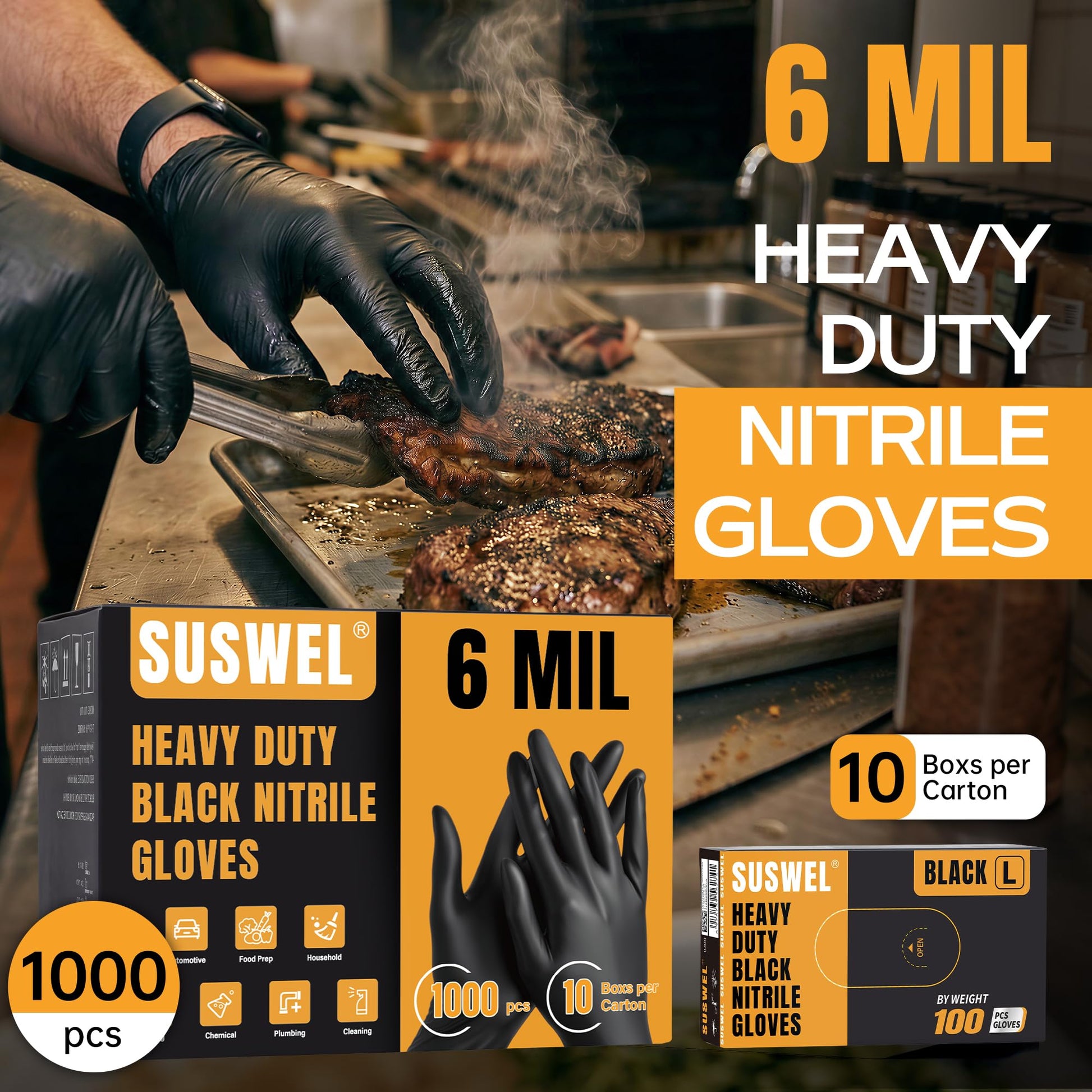 UYKKE SuSwel Series 6 Mil Black Nitrile Gloves — 100 / 1000 Count