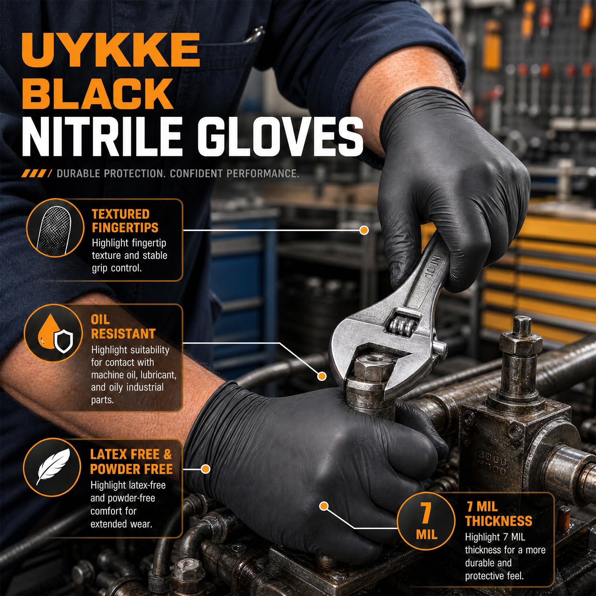 UYKKE 7 Mil Black Nitrile Gloves — 1000 Count