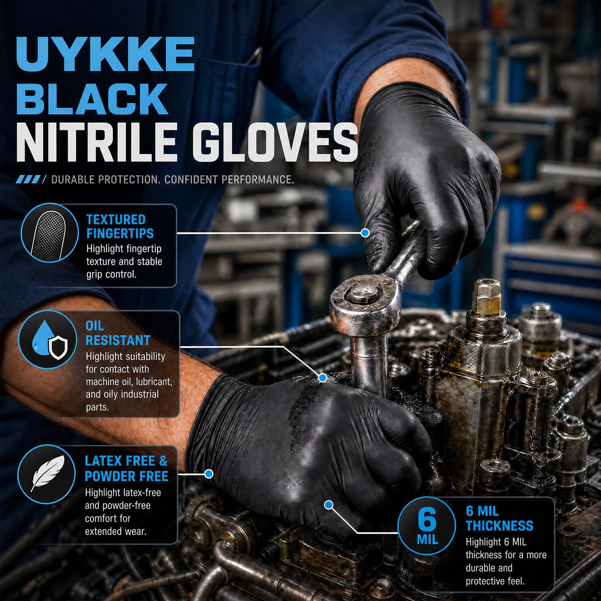 UYKKE 6 Mil Black Nitrile Gloves — 1000 Count