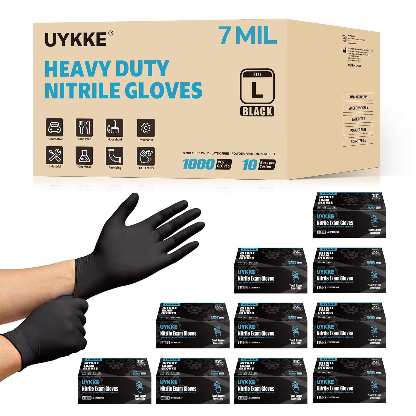 UYKKE 7 Mil Black Nitrile Gloves — 1000 Count