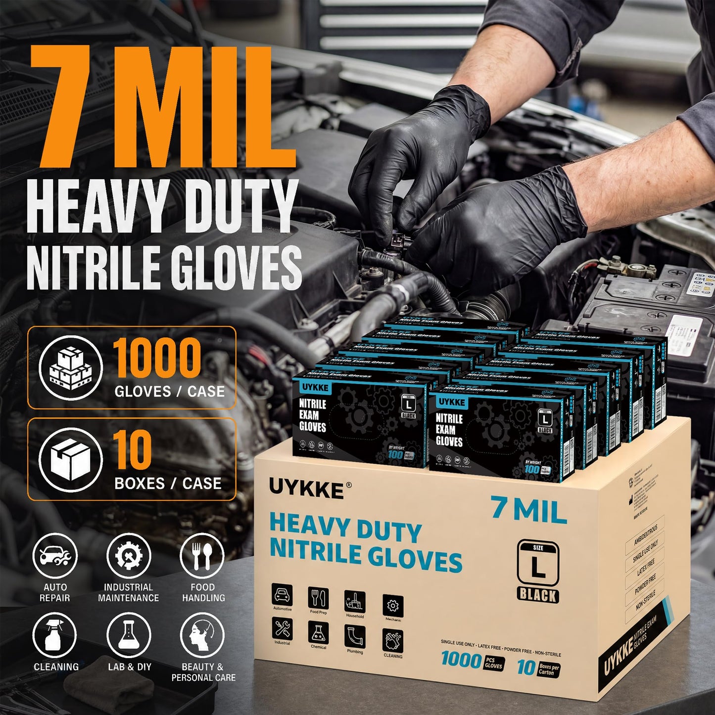 UYKKE 7 Mil Black Nitrile Gloves — 1000 Count