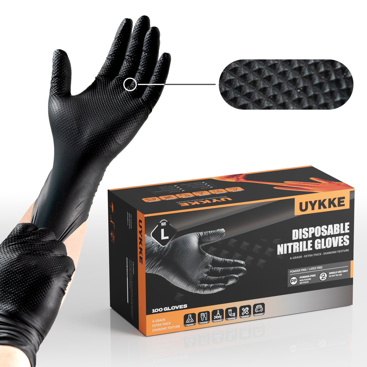 UYKKE 10 Mil Black Nitrile Gloves — 100 Count