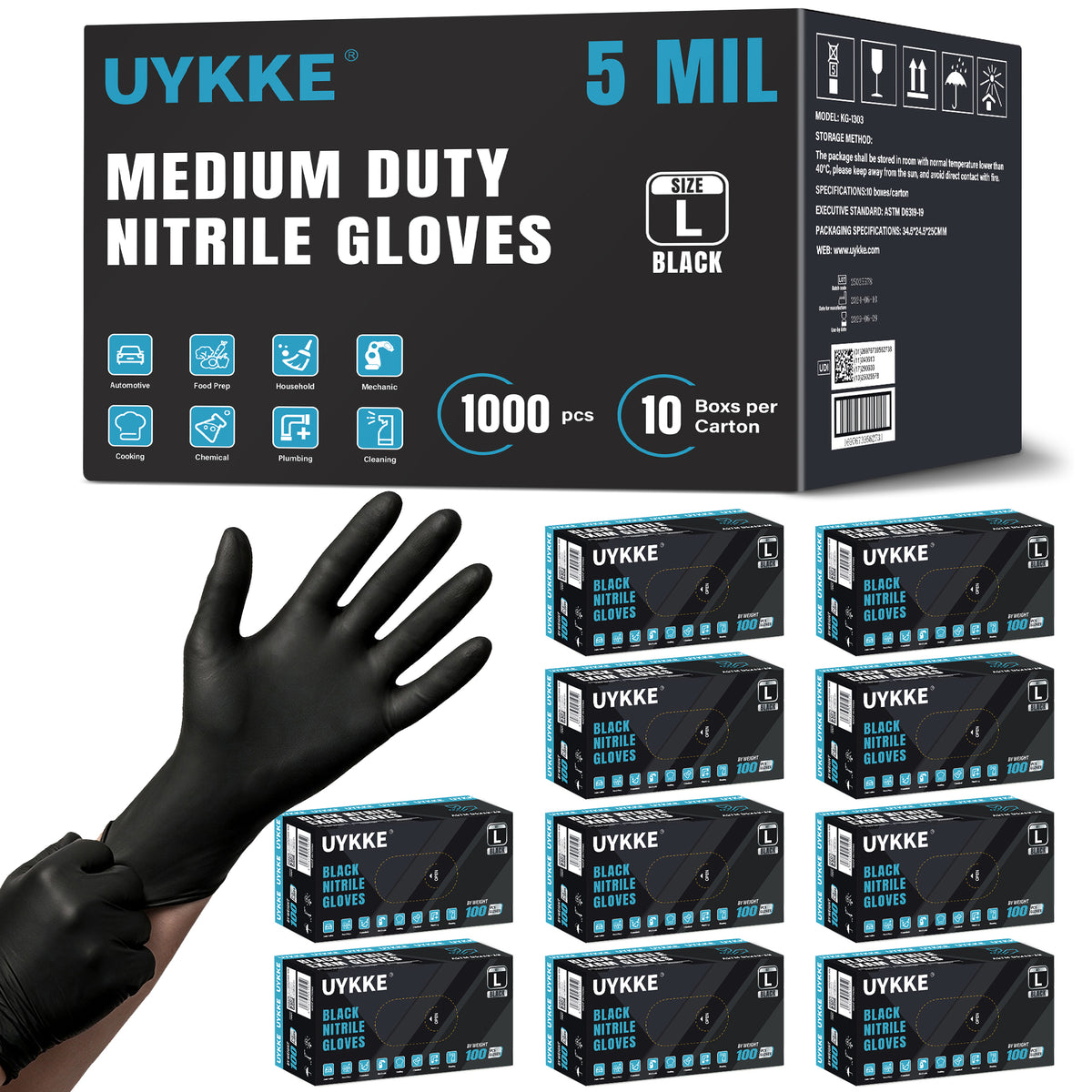 UYKKE 5 Mil Black Nitrile Gloves — 1000 Count