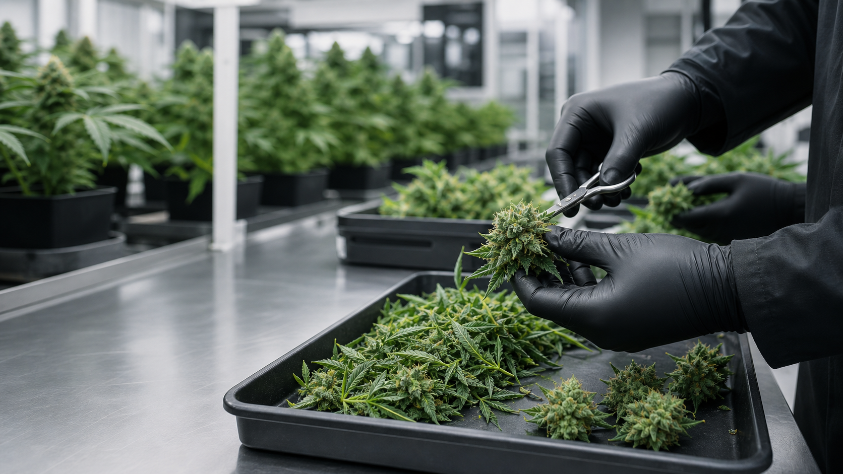 Black nitrile gloves used for professional cannabis trimming and post-harvest processing