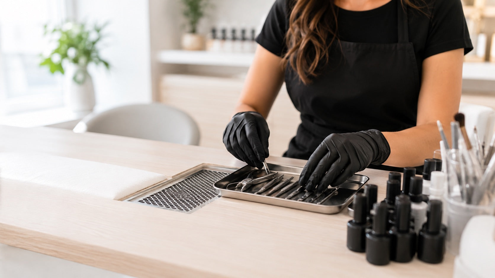 Nail technician organizing sanitized tools while wearing black nitrile gloves at a ventilated salon station
