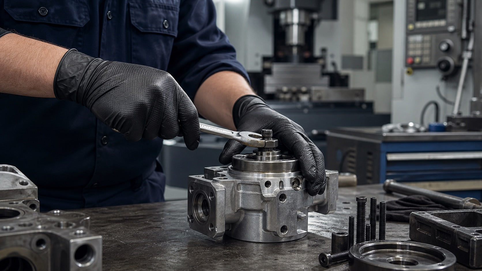 Black textured nitrile gloves used to service a machined industrial component