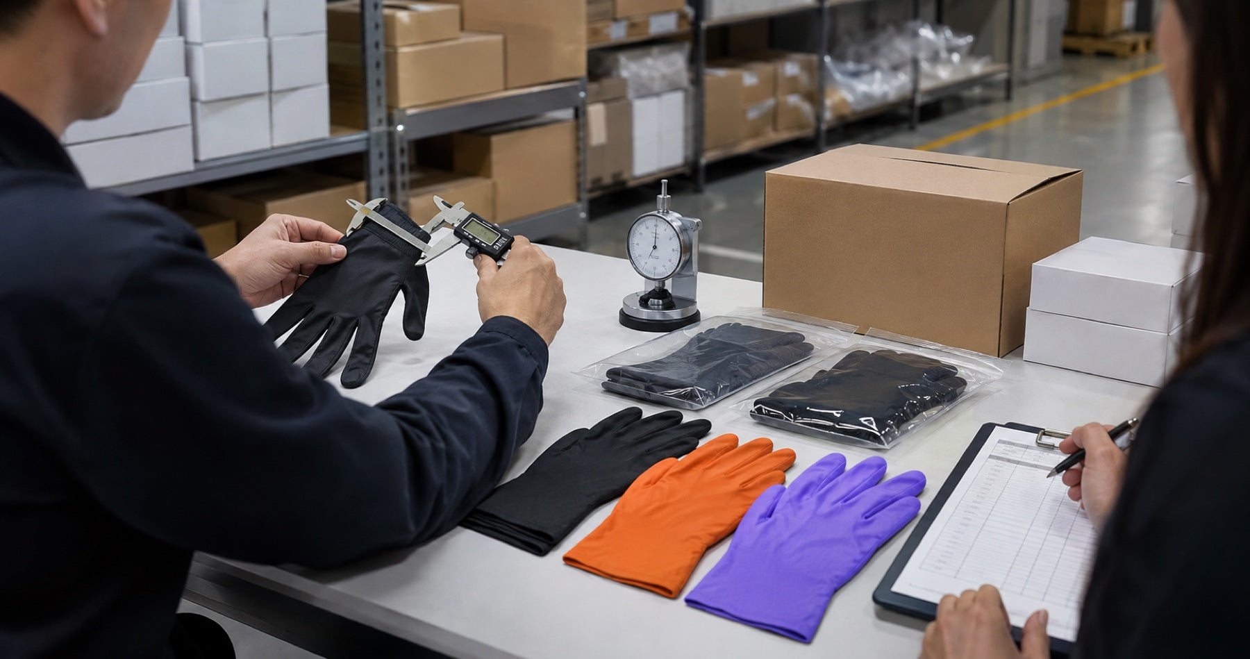 Business buyers reviewing nitrile glove samples and quality measurements at a supplier table